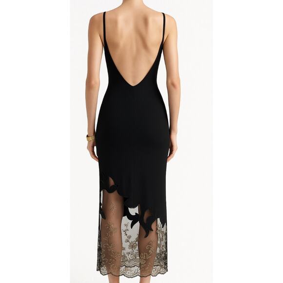 VTG Y2K 90s CACHE BLK Whimsygoth Maxi Dress Sheer Mesh Embroidered Floral Formal - Picture 2 of 6